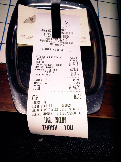 Receipt at Pieros